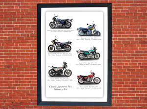 Classic 70's Japanese Motorcycles Compilation A3/A4 Size Print Poster on Photographic Paper
