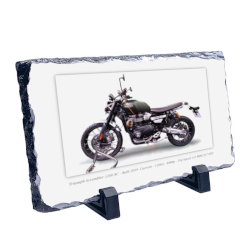 Triumph Scrambler 1200 XC Motorcycle on a Natural slate rock with stand 10x15cm