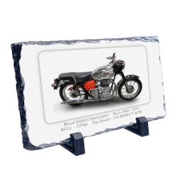 Royal Enfield Interceptor Motorcycle on a Natural slate rock with stand 10x15cm