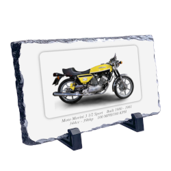 Moto Morini 3 1/2 Sport Motorcycle on a Natural slate rock with stand 10x15cm