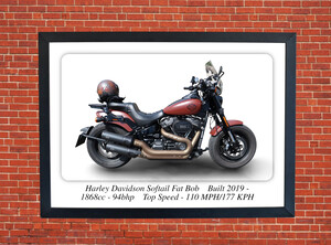 Harley Davidson Softail Fat Bob Classic Motorcycle - A3/A4 Size Print Poster