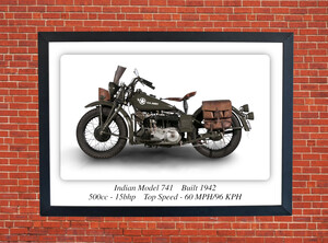Indian 741 WW2 Model Motorcycle - A3/A4 Size Print Poster