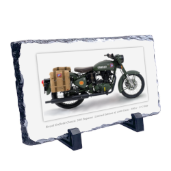 Royal Enfield Pegasus Motorcycle on a Natural slate rock with stand 10x15cm