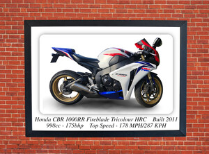 Honda CBR 1000RR Fireblade Tricolour HRC Motorcycle - A3/A4 Size Print Poster